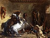 Famous Arab Paintings - Arab Horses Fighting in a Stable